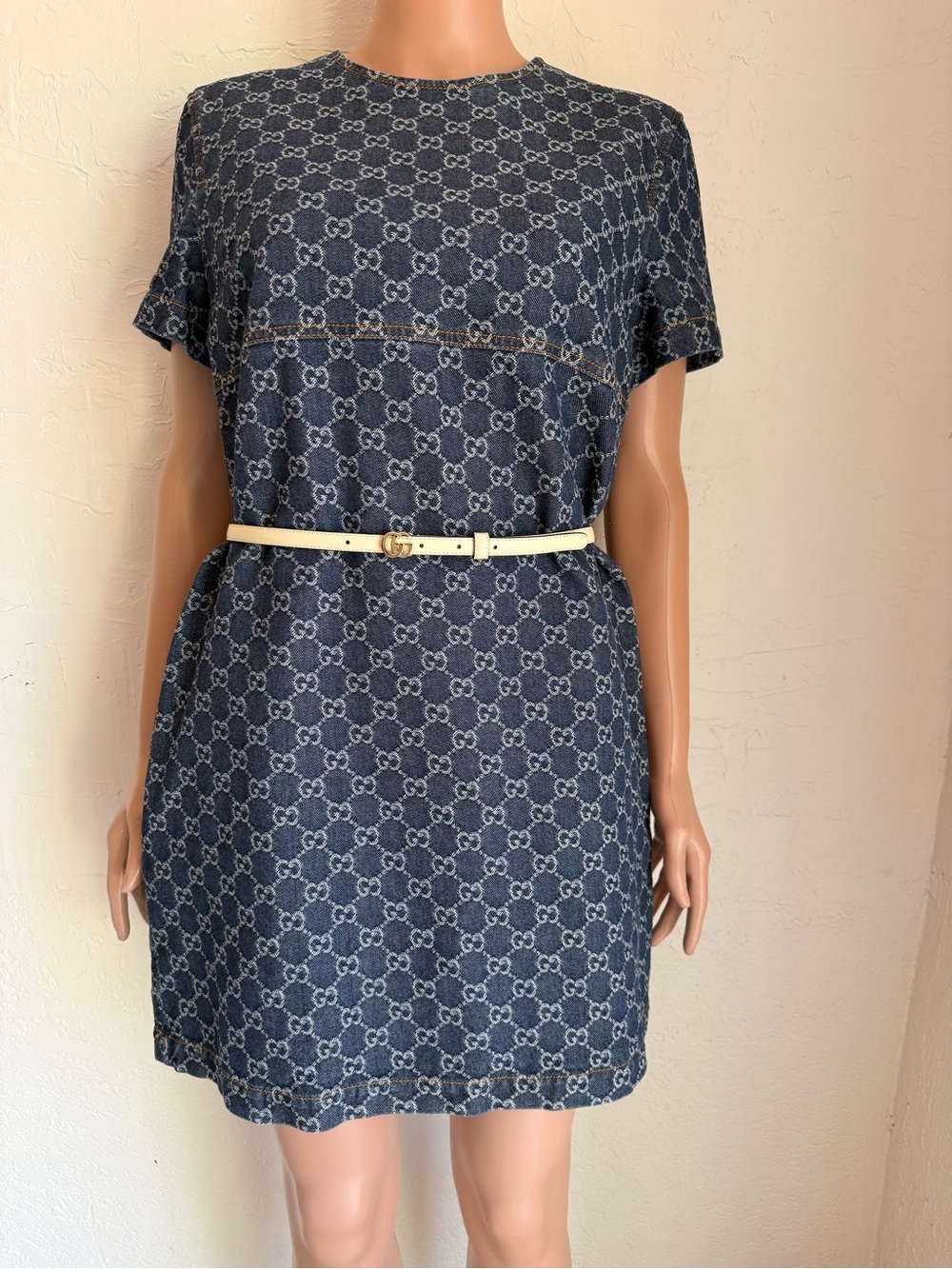 Gucci Denim Blue GG Jacquard Monogram Short Sleeve Shift Dress Women’s Size 44